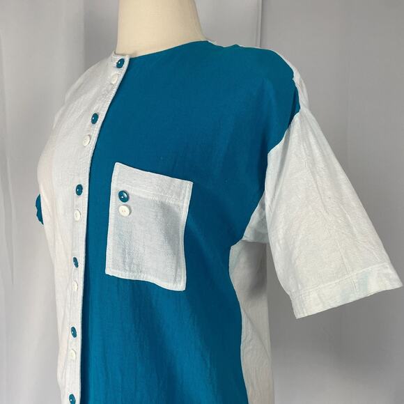 Casual Top Size Medium White Blue Colorblock Contrast Baseball Button Cotton - Picture 5 of 12